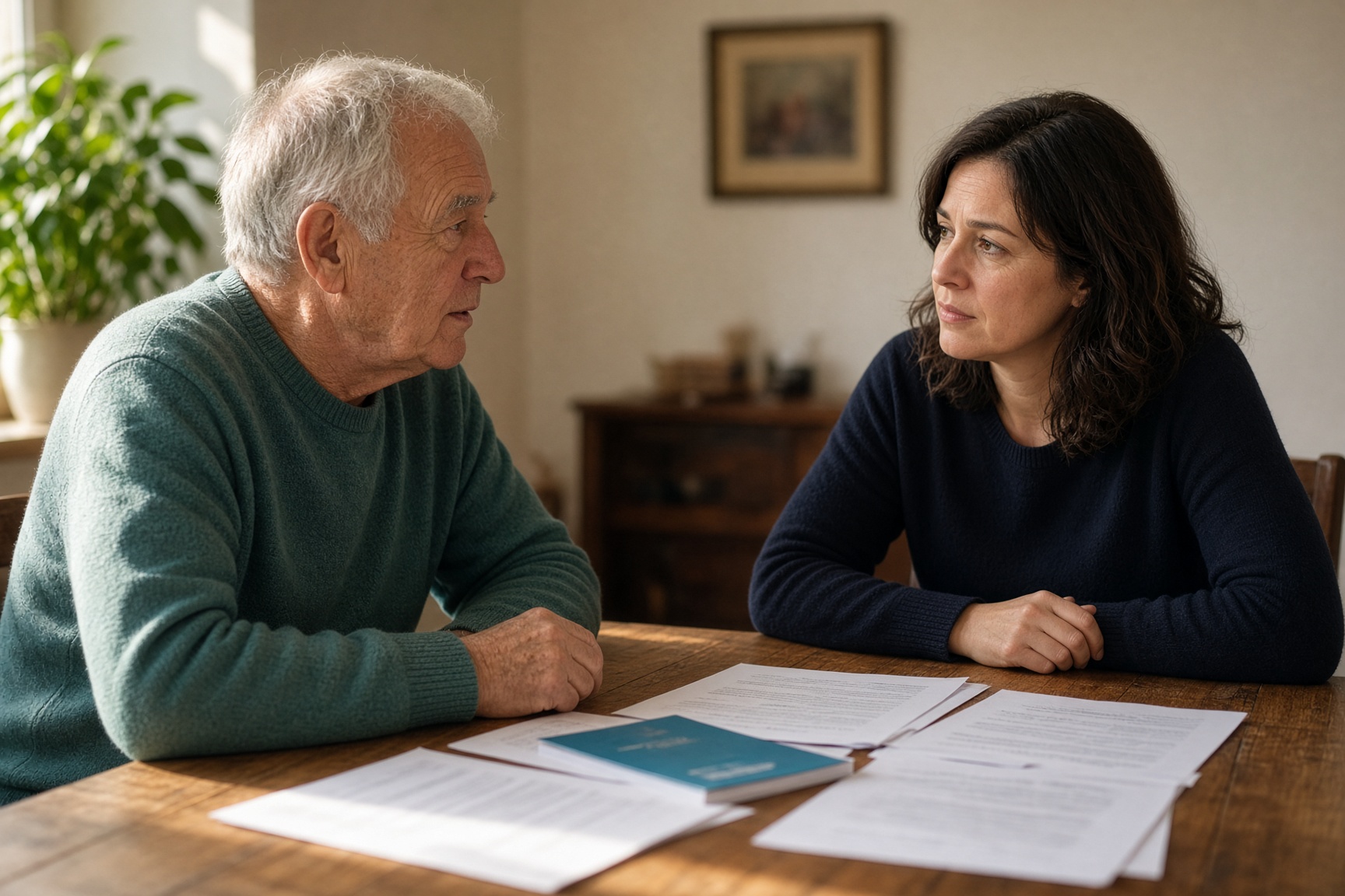 An older father and his adult daughter reviewing insurance papers together