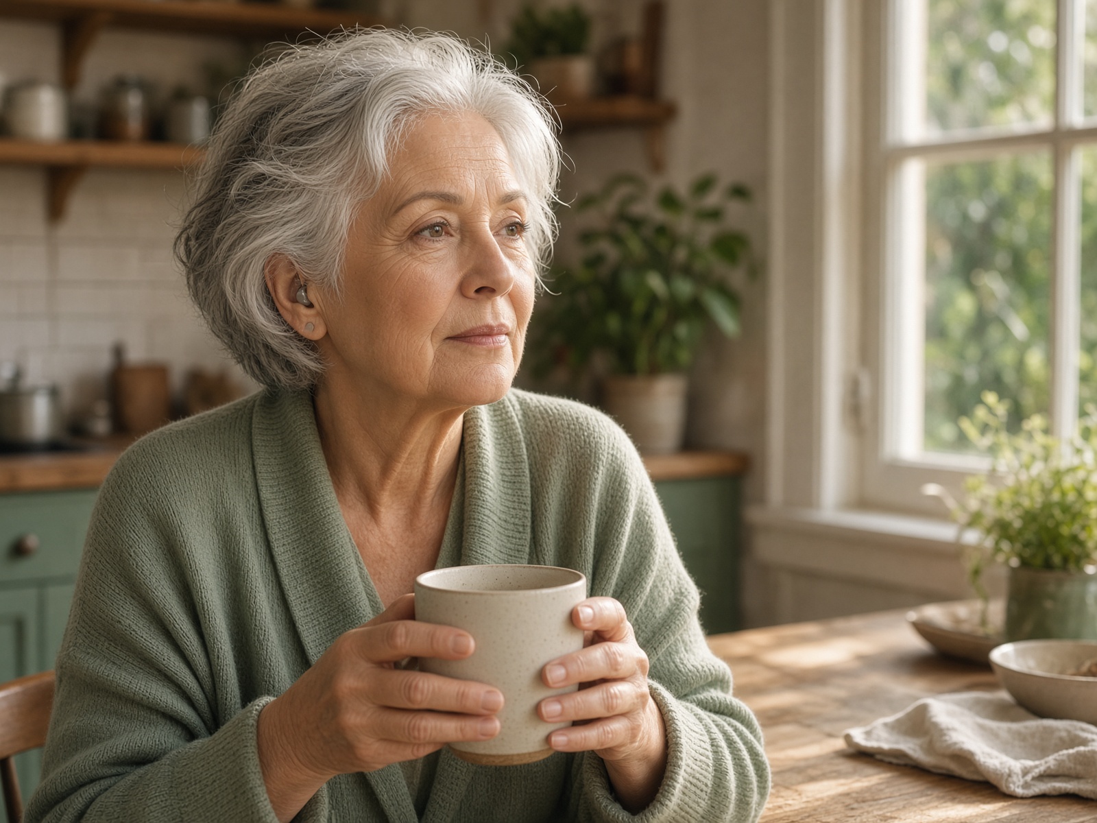 A woman in morning light at her kitchen table, wearing a discreet hearing aid