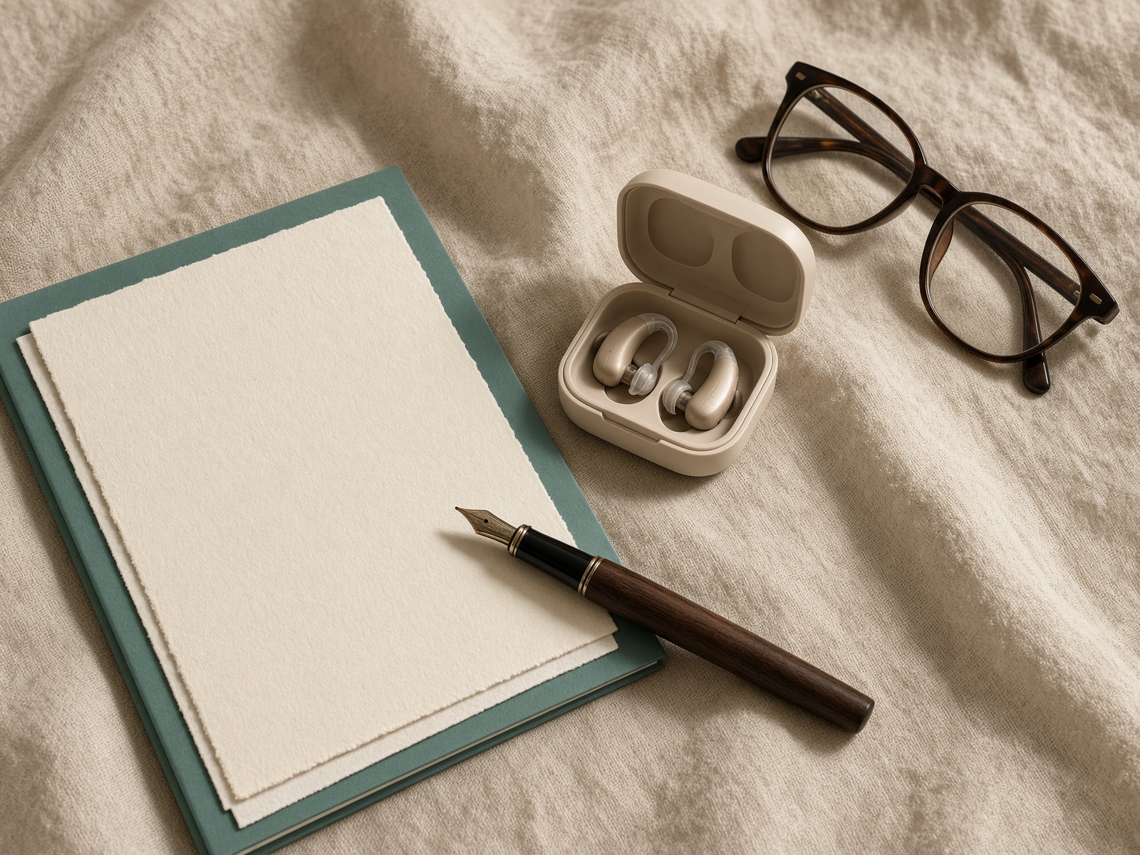 Hearing aids, glasses, and benefit paperwork on a linen table